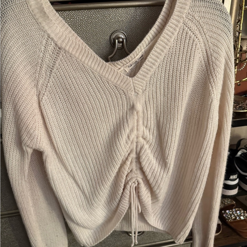Elegant V-Neck Cream Sweater with Drawstring